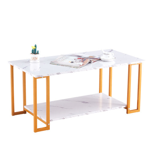 D&N Coffee Table, 2 Layers 1.5cm Thick Marble MDF Rectangle 39.37  L Tabletop Iron Coffee Table , Dining Room, Coffee Shop, Resterant, White Top, Gold Leg