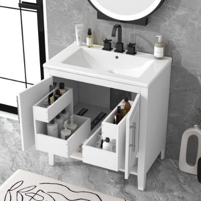 30 Bathroom Vanity With Sink, Multi-functional Bathroom Cabinet With Doors And Drawers, Solid Frame And MDF Board, White