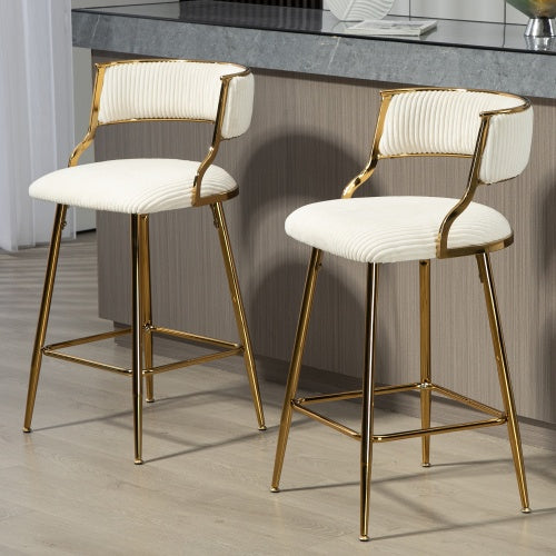 SET OF 2,26 Counter Height Bar Stools Corduroy Kitchen Island Counter Bar Stool With Back,golden Chromed Base And Footrest