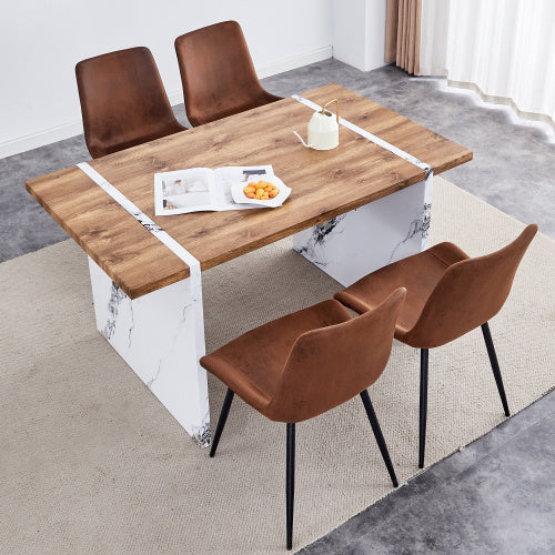 Natural Wood Grain MDF Dining Table   55x31.5 Stable Design.Suitable For Various Modern Home Decor Styles.Splicing Structure Design,Wood Textured Desktop,White Marble Patterned Table Legs