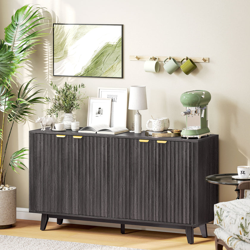 Fluted Sideboard Buffet Cabinet, 55 Coffee Bar Cabinet With 4 Doors, 2 Adjustable Shelves, 5 Wood Legs, Dark Gray