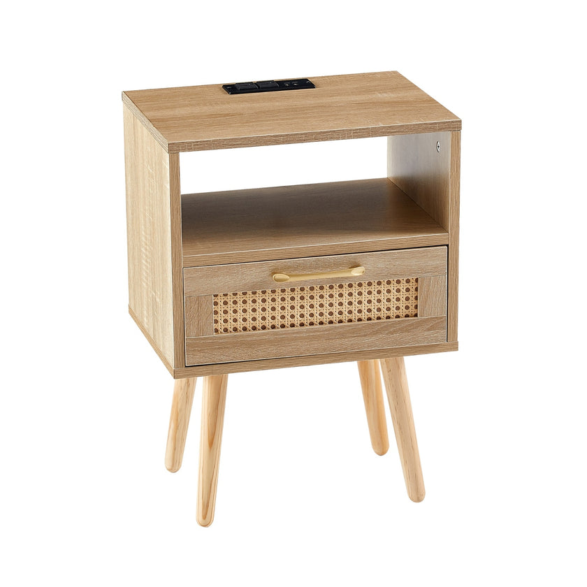 15.75  Rattan End Table With Power Outlet, USB Ports, Drawer   Solid Wood