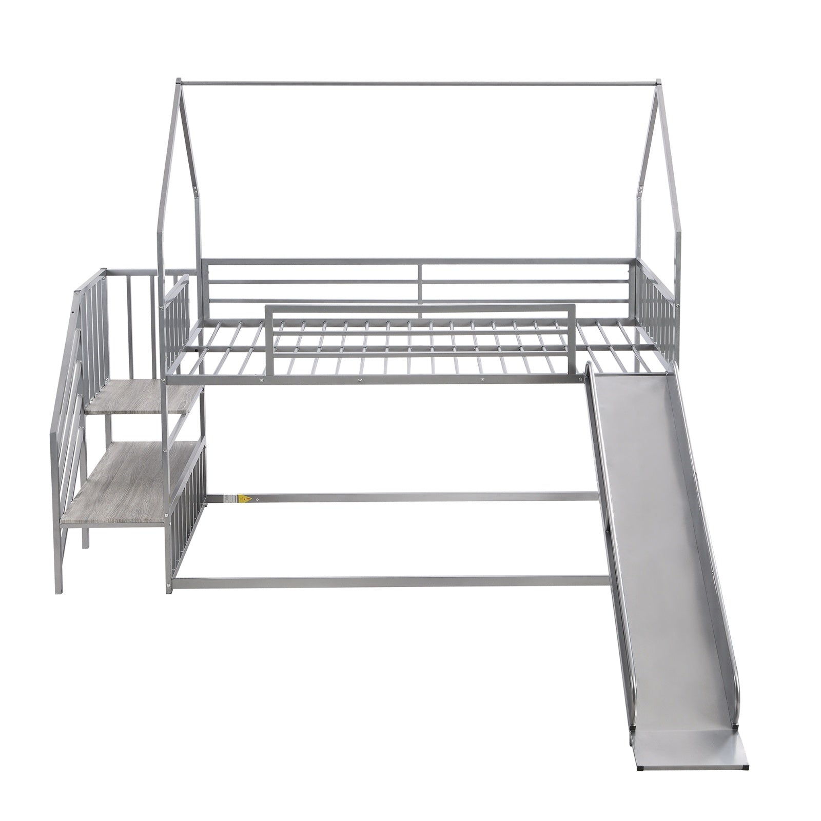 Twin Over Twin Metal Bunk Bed House Bed With Slide And Staircase, Silver