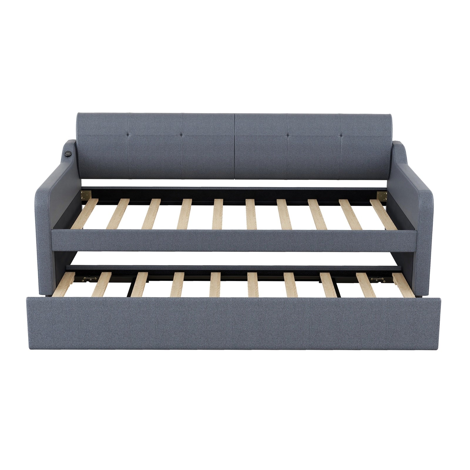 Twin Upholstered DayBed With Trundle & USB, Adjustable, Gray - 80 Characters