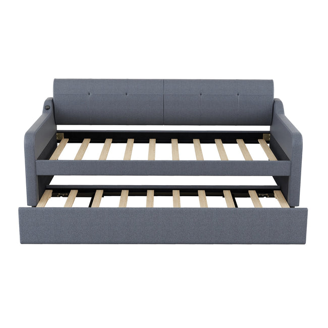 Twin Upholstered DayBed With Trundle & USB, Adjustable, Gray - 80 Characters