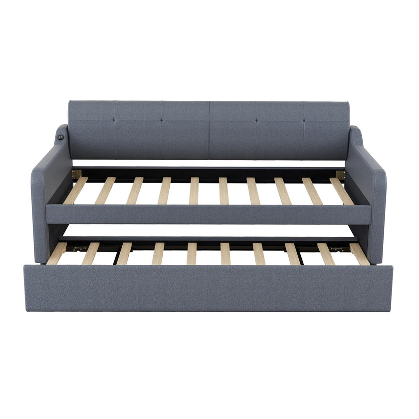Twin Upholstered DayBed With Trundle & USB, Adjustable, Gray - 80 Characters