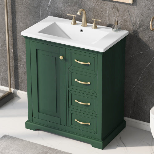 30 Bathroom Vanity With Sink, One Package, Green Bathroom Cabinet With Drawers, Solid Frame And MDF Board