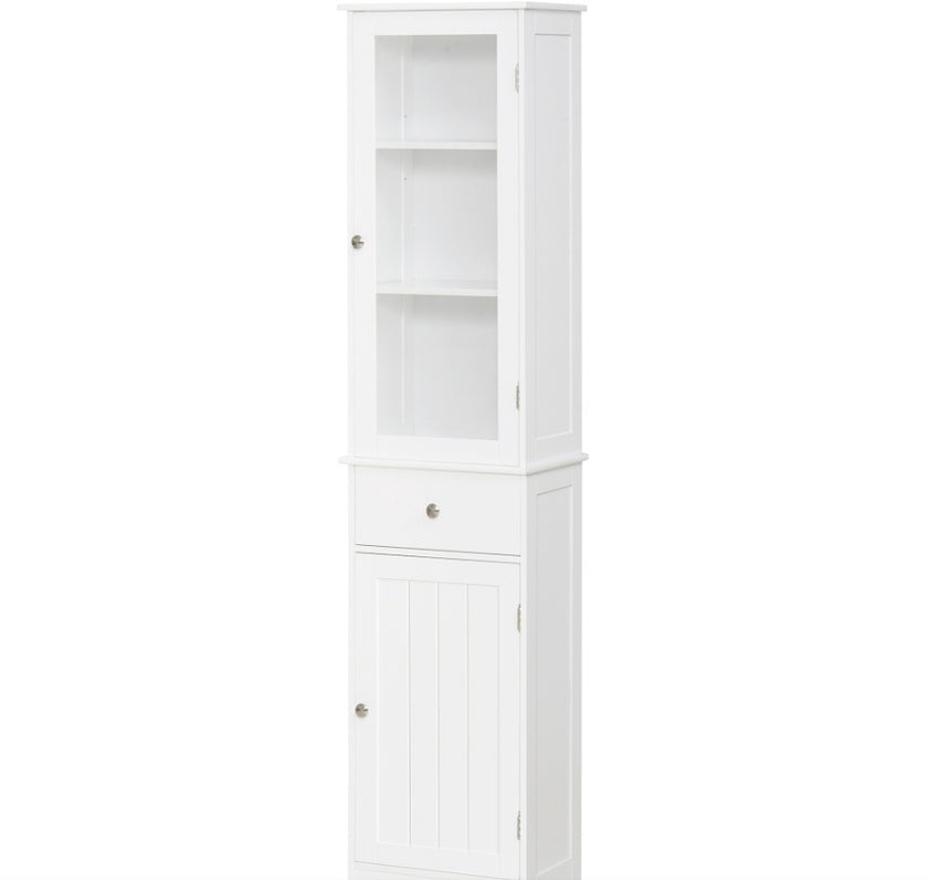 Kleankin Slim Bathroom Storage Cabinet Tall Narrow Linen Tower With Acrylic Door Drawer And Shelves White