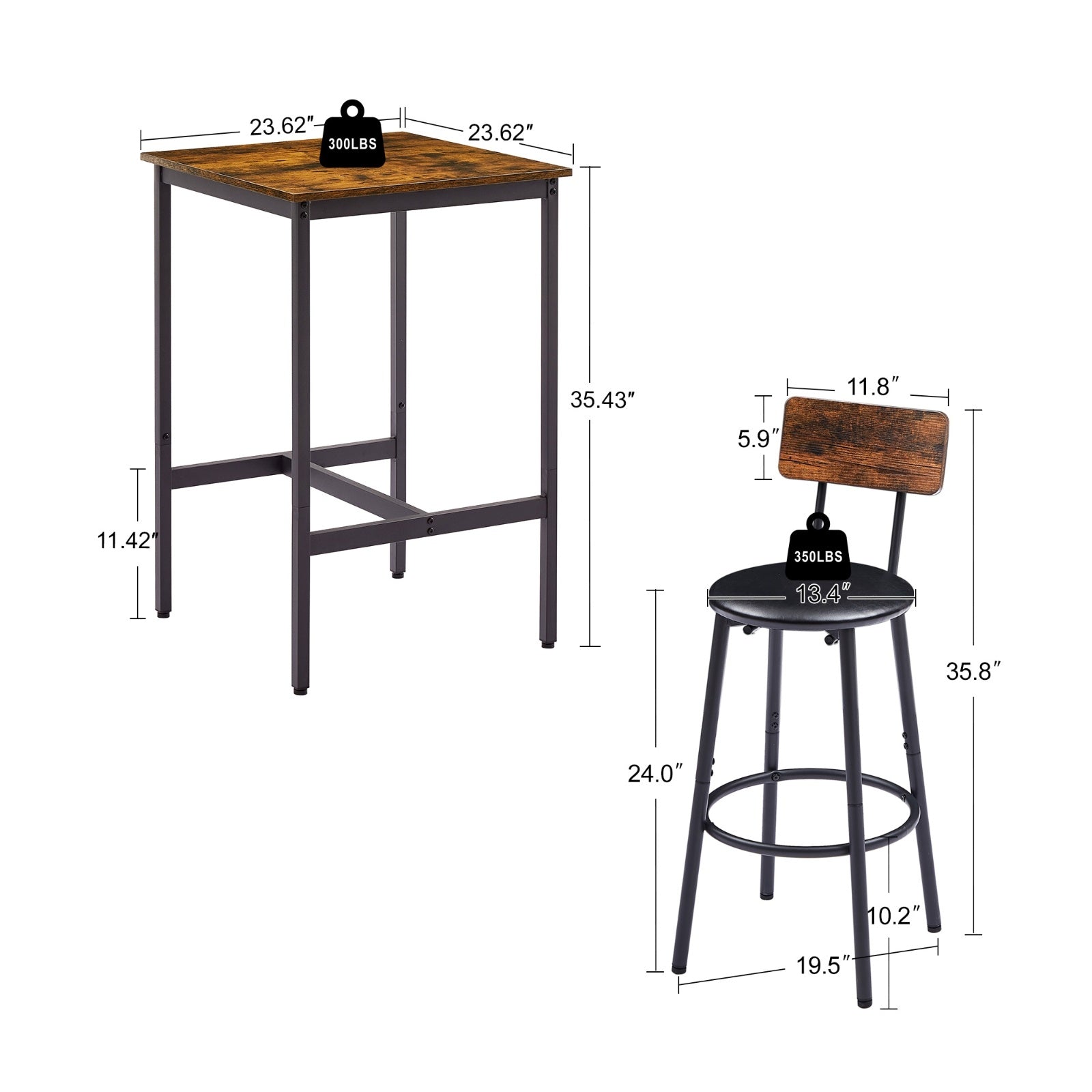 Bar Table Set With 2 Stools, PU Seat   Backrest, Rustic Brown, 23.62 W X 35 H