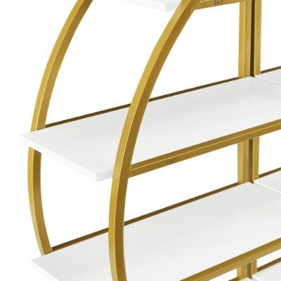 4 Tiers Home Office Open Bookshelf, Round Shape, Different Placement Ways, MDF Board, Gold Metal Frame, Golden