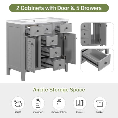 36 Bathroom Vanity Without Sink, Cabinet Base Only, Two Cabinets And Five Drawers, Solid Wood Frame, Grey