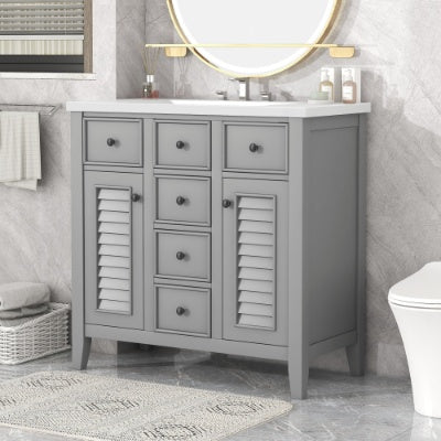 36 Bathroom Vanity With Ceramic Basin, Two Cabinets And Five Drawers, Solid Wood Frame, Grey