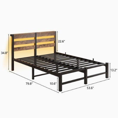 Full Size Metal Bed Frame With Wooden Headboard, RGB Lights, Charger, Storage Shelf, Noise-Free, No Box Spring Needed,Rustic Brown