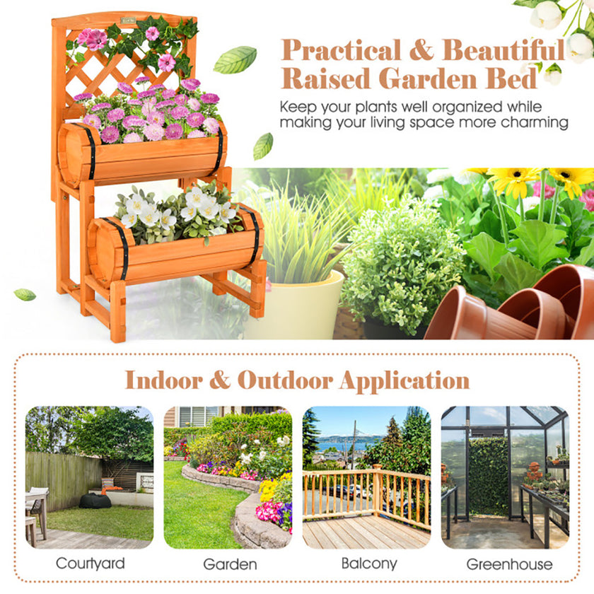Wooden 2-Tier Raised Garden Bed With 2 Cylindrical Planter Boxes And Trellis