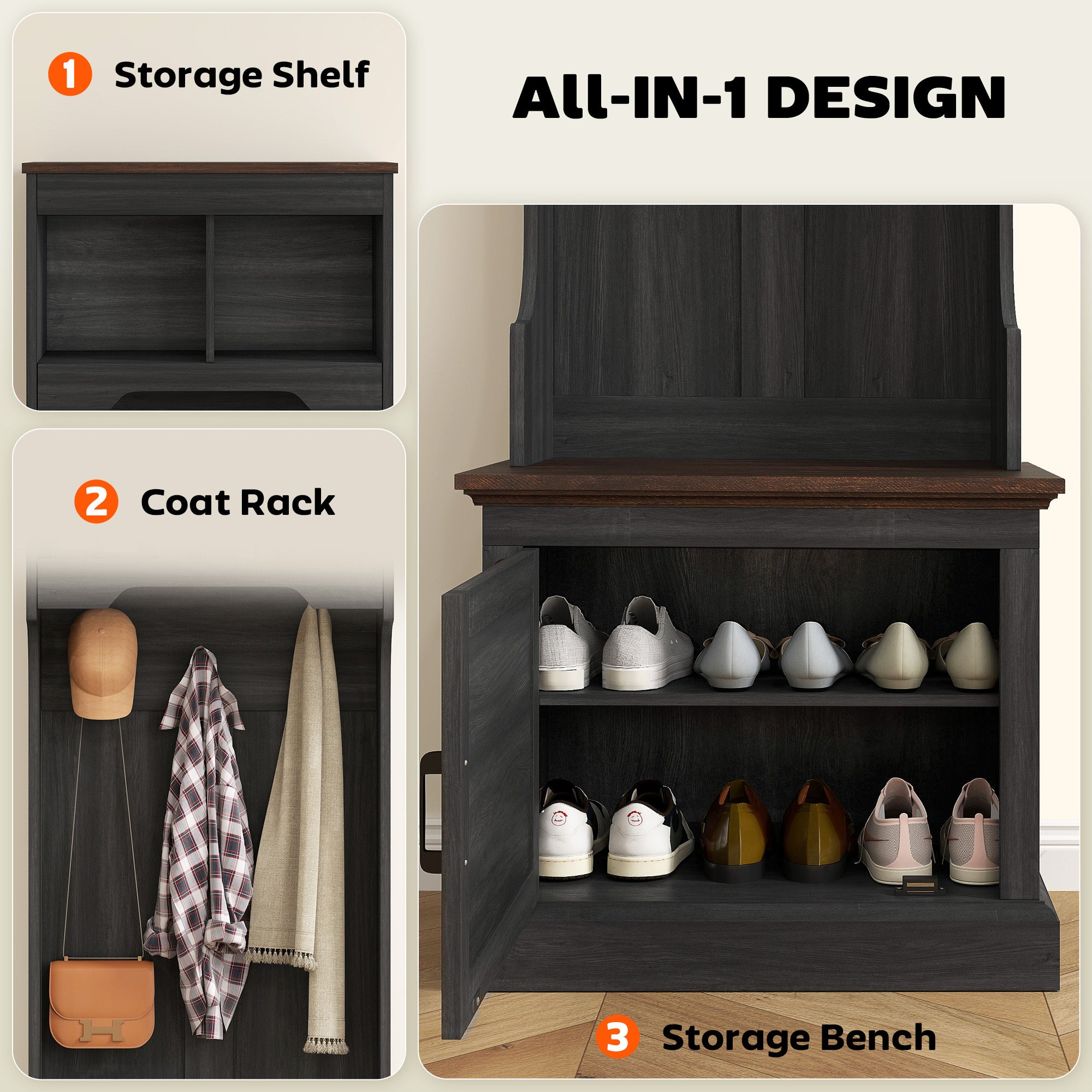 3-in-1 Hall Tree With Shoe Storage, Coat Rack With Bench, Entryway Furniture With Five Hooks, Black Wood Grain
