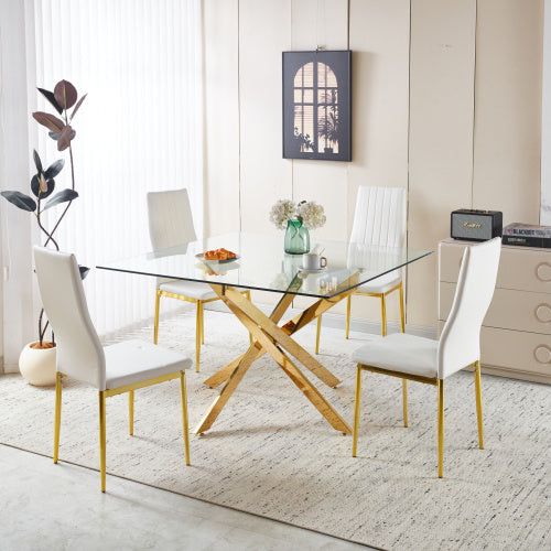 Golden Dining Table With Cross Metal Leg And Glass,Modern Space Saving Kitchen Table For Living Room,120x120x75cm Square Glass