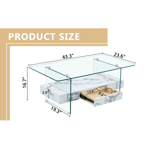 43.3 Inch Modern Two-Tier Coffee Table - Clear Tempered Glass And White Marble Texture, Multifunctional Storage Design.The Bottom Tier Includes A Drawer.Can Be Used As A Coffee Table,side Table,etc.