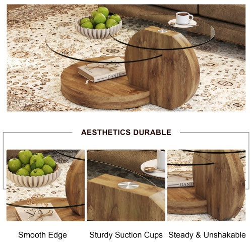 Modern And Practical Double-layer Round Table. Glass Table Top, Wood MDF Table Legs. Suitable For Living Room And Bedroom