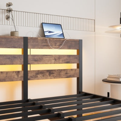 Full Size Metal Bed Frame With Wooden Headboard, RGB Lights, Charger, Storage Shelf, Noise-Free, No Box Spring Needed,Rustic Brown