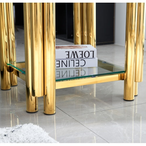 20 Inch Square End Table, Modern Stainless Steel End Table, Double-Layer Clear Tempered Glass Coffee Table, Side Table With Storage, For Living Room Home Office