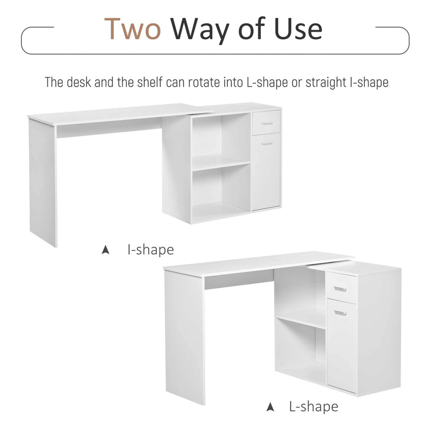 L-Shaped White Computer Desk With Rotating Shelves And Drawer Home Office Workstation