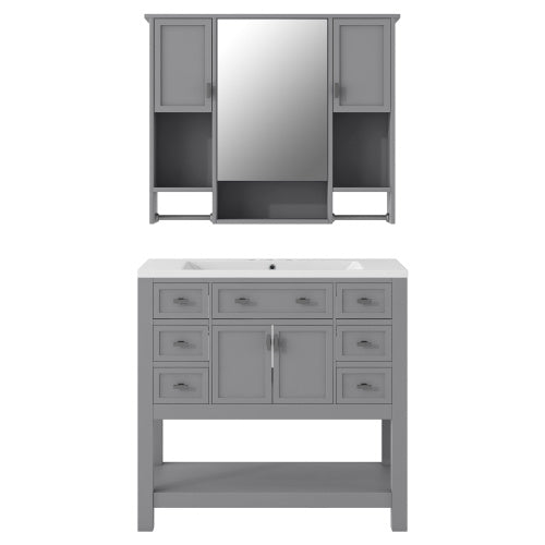 36'' Bathroom Vanity With Top Sink, Modern Mirror Cabinet With Towels Bar, Bathroom Storage Cabinet With 2 Soft Closing Doors And 6 Drawers, Single Sink Bathroom Vanity