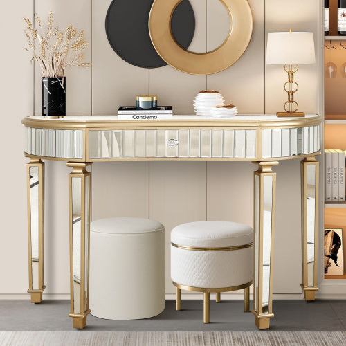 47 Half  Moon Mirrored Console Table With Fluted Glass  Crystal Knob Drawer  Silver Entryway Vanity Desk For BedroomDressing RoomGold Sliver