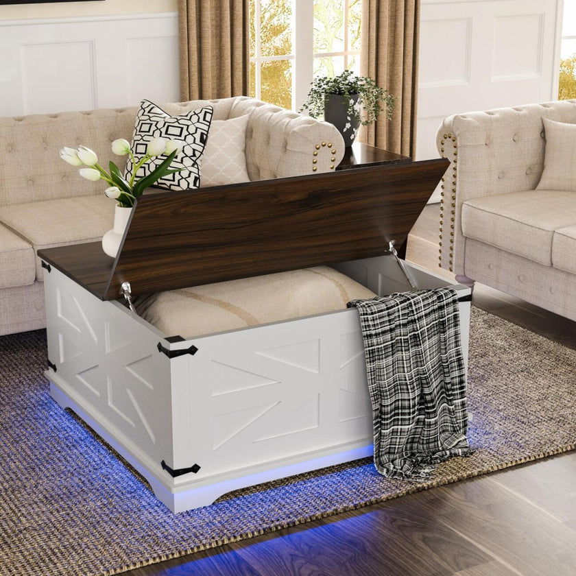 Farmhouse Coffee Table With Lift-Top, USB Charging Station & Hidden Storage - Sturdy Wooden Base, White-Brown Options, Perfect For Living Room Organization, Coffee Table For Living Room, Versatile