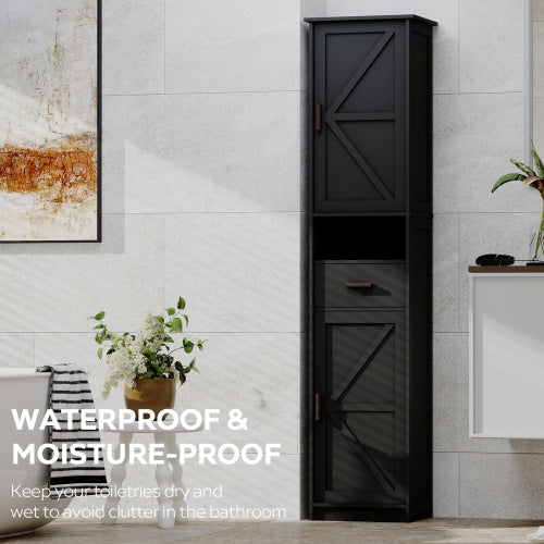 69 H Tall Bathroom Storage Cabinet With 2 Barn Doors And 1 Drawer, Narrow Storage Unit, Adjustable Shelves,Floor Cabinet For Bathroom, Living Room, Entryway,Kitchen,Black