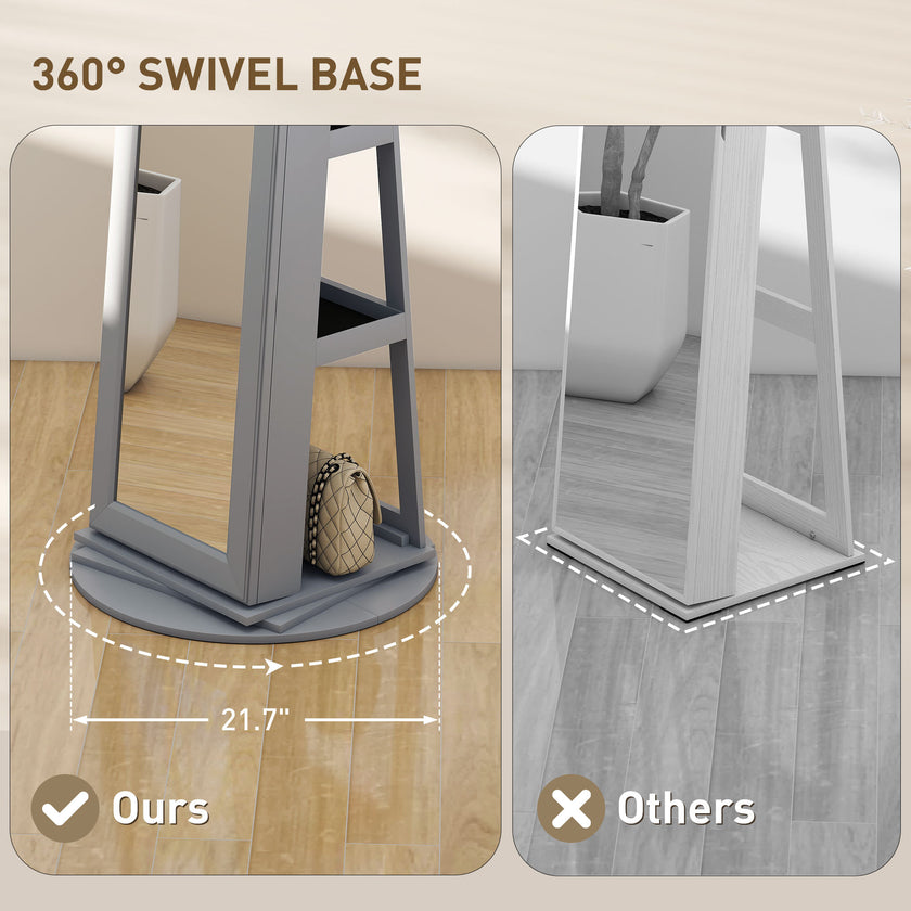 360 Swivel Jewelry Armoire, Lockable Jewelry Cabinet With Full-Length Mirror, Storage Shelves, Gray
