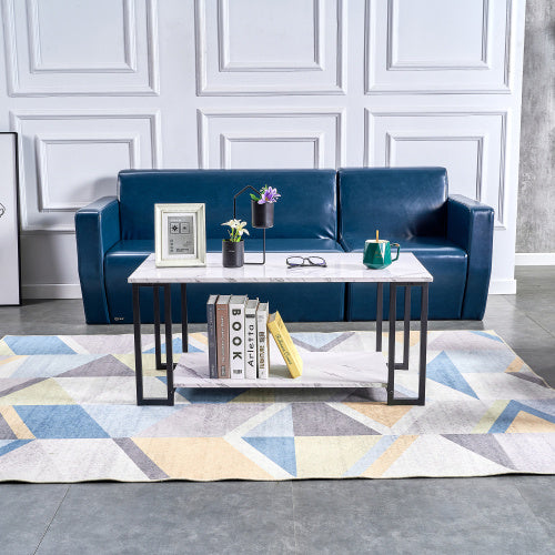 D&N Coffee Table, 2 Layers 1.5cm Thick Marble MDF Rectangle 39.37 L Tabletop Iron Coffee Table , Dining Room, Coffee Shop, Resterant, White Top, Black Leg