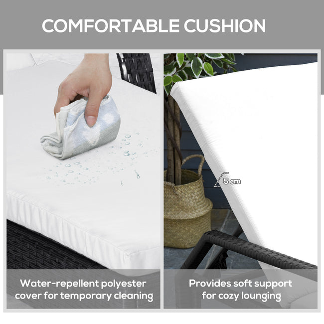 3 Piece Wicker Lounge Chair Set Outdoor Loungers With Armrests Cushion  Headrest  Side Table  Wheel  Black