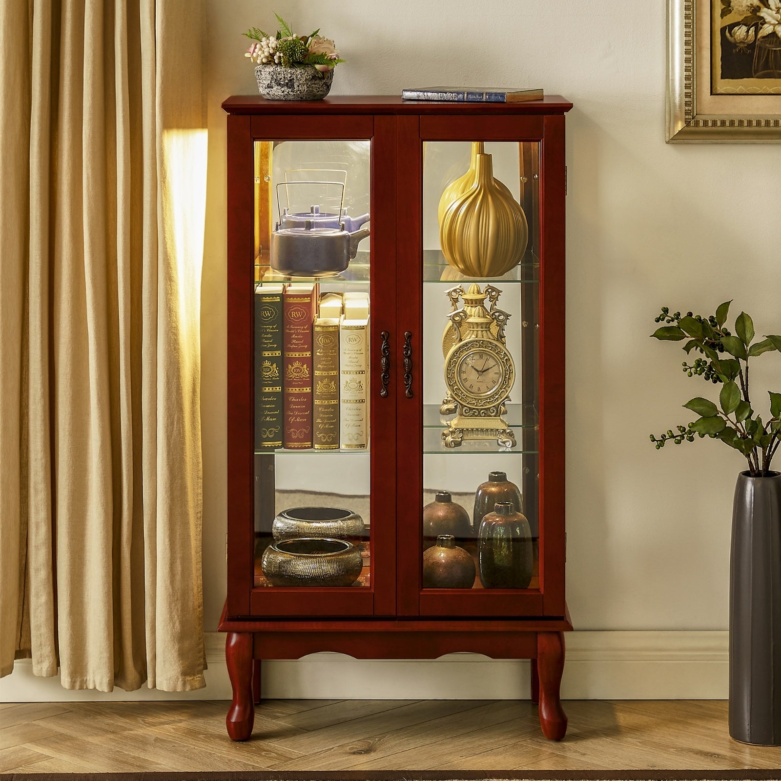 Display Cabinet With Adjustable Shelf And Mirrored Back Panel