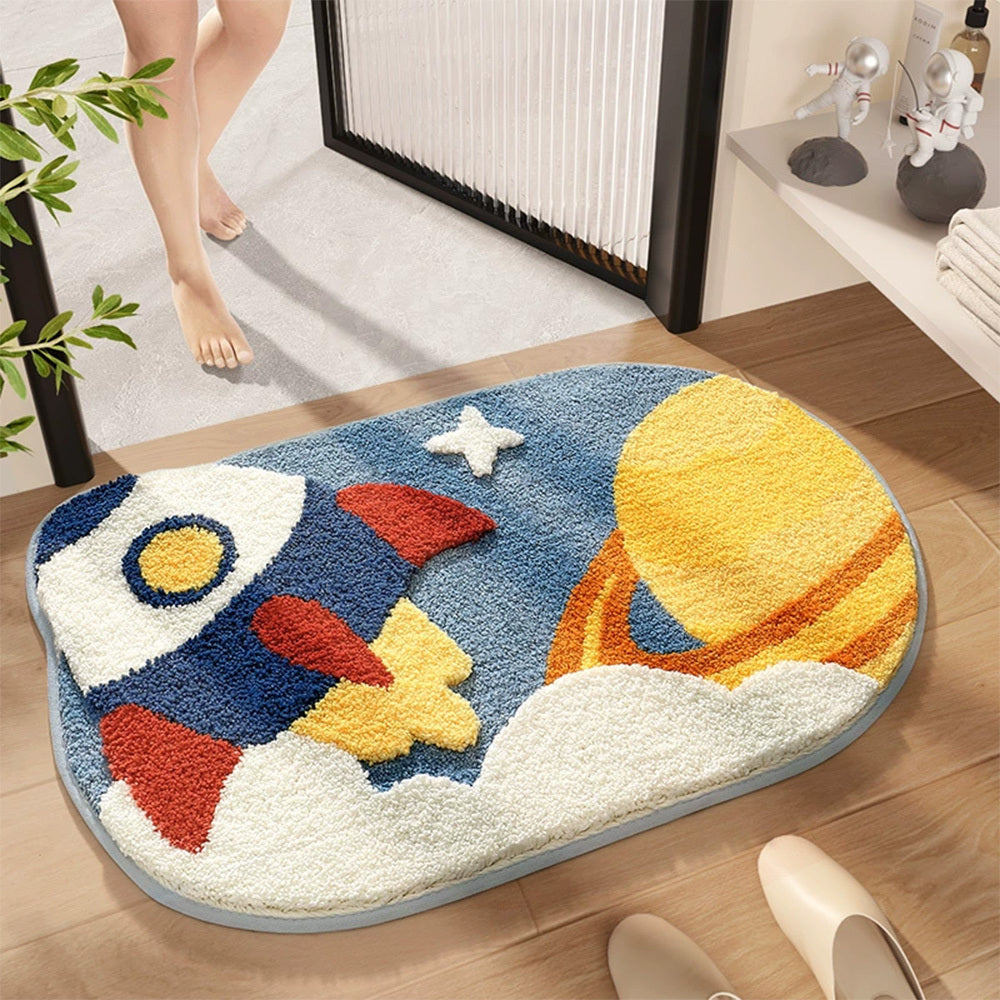 Cartoon Rocket Bath Mat Bathroom Decoration Area Rug Toilet Anti-slip Foot Mats Thickened Flocking Bath Carpet Non-slip Doormat Absorbent Bathroom Mat