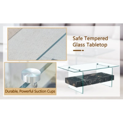 43.3 Inch Modern Two-Tier Coffee Table - Clear Tempered Glass And Black Marble Texture, Multifunctional Storage Design.The Bottom Tier Includes A Drawer.Can Be Used As A Coffee Table,side Table,etc