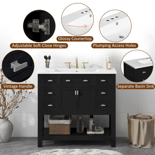 36'' Bathroom Vanity With Top Sink, Modern Bathroom Storage Cabinet With 2 Soft Closing Doors And 6 Drawers, Single Sink Bathroom Vanity