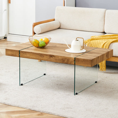 43.x23.6 Wood Colored Texture Sticker MDF Coffee Table With Tempered Glass Legs.Suitable For Living Room.It Can Be Used Not Only As A Coffee Table But Also As A Side Table Or Display Stand.