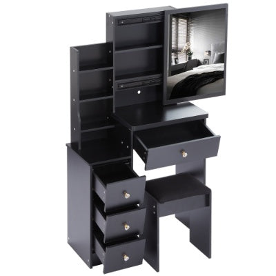 29.2 Small Space Left Bedside Cabinet Vanity Table   Cushioned Stool, Extra Large Right Sliding Mirror  Multi Layer High Capacity Storage, Practical Fashionable Dresser Suitable For Small Space