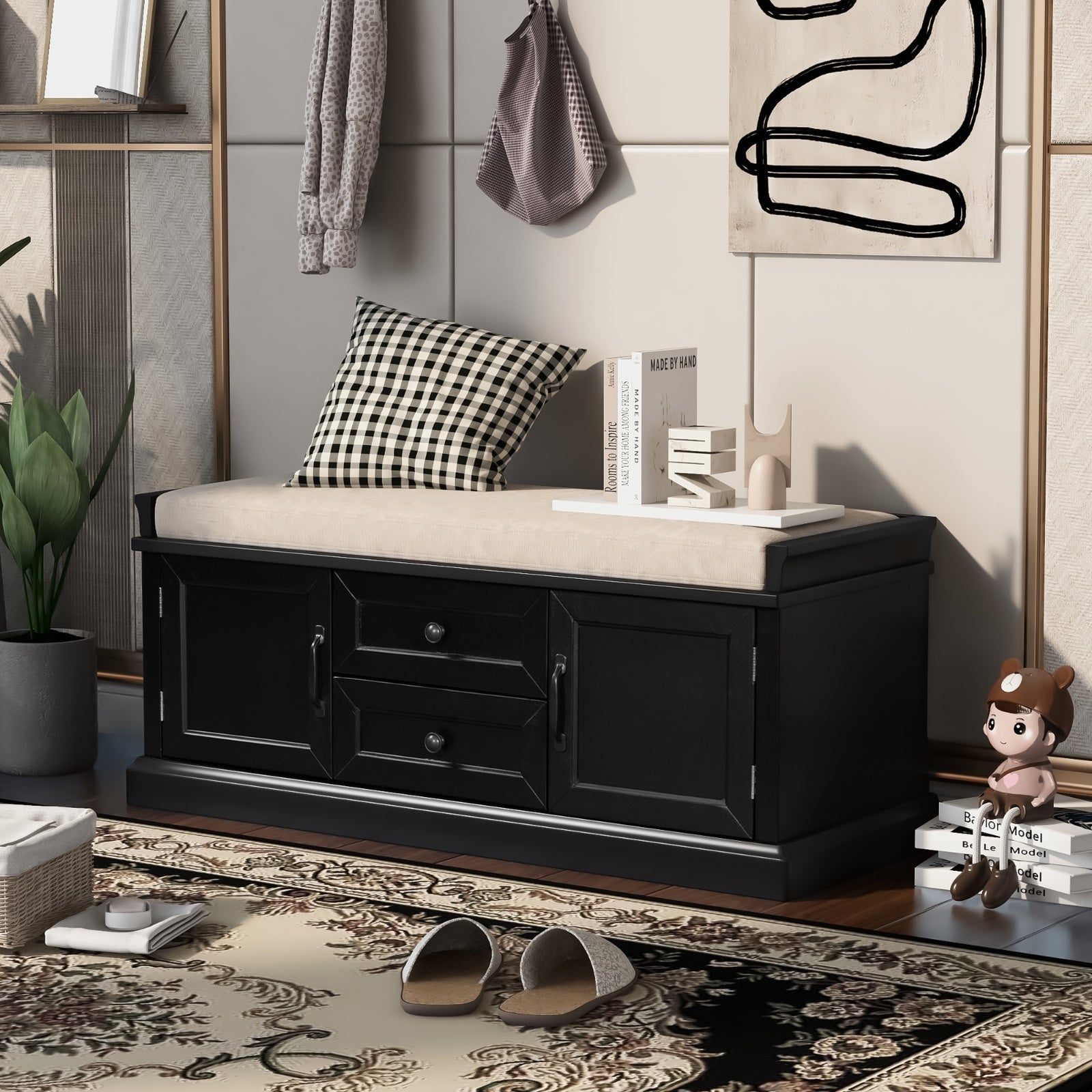 TREXM Storage Bench With Drawers, Cabinets & Removable Cushion For Living Room