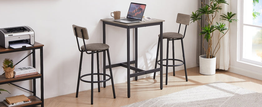 Bar Table Set With 2 Stools, PU Soft Seat & Backrest, Grey, 23.62 W X 35.4 H