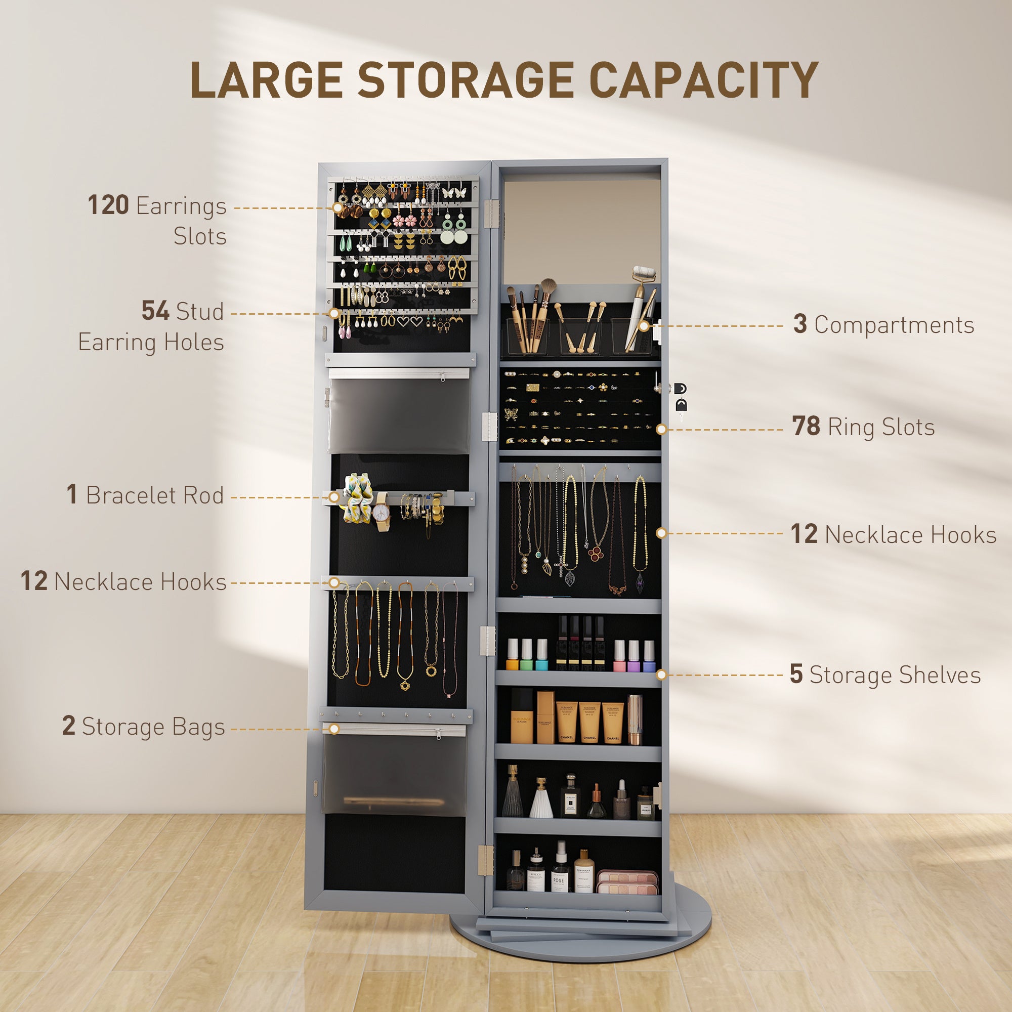 360 Swivel Jewelry Armoire, Lockable Jewelry Cabinet With Full-Length Mirror, Storage Shelves, Gray