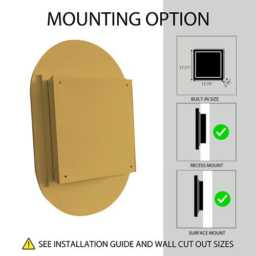 20x34 Inch Oval Recessed Medicine Cabinet, Metal Framed Bathroom Wall Cabinet With Mirror And Adjustable Shelves, Wall Mirror With Storage For Bathroom, Matte Gold