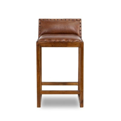 Gavin Mid-Century Modern 25'' Solid Wood Genuine Leather Counter Stool In Tan 31-Inch