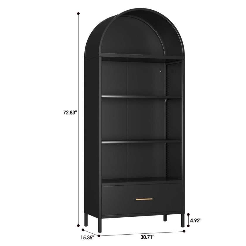 Metal Arched Bookshelf, Accent Arch Kitchen Pantry Cabinet With Drawer For Home Office Bar Living Room Farmhouse ,Black
