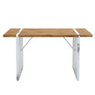 Natural Wood Grain MDF Dining Table   55x31.5 Stable Design.Suitable For Various Modern Home Decor Styles.Splicing Structure Design,Wood Textured Desktop,White Marble Patterned Table Legs