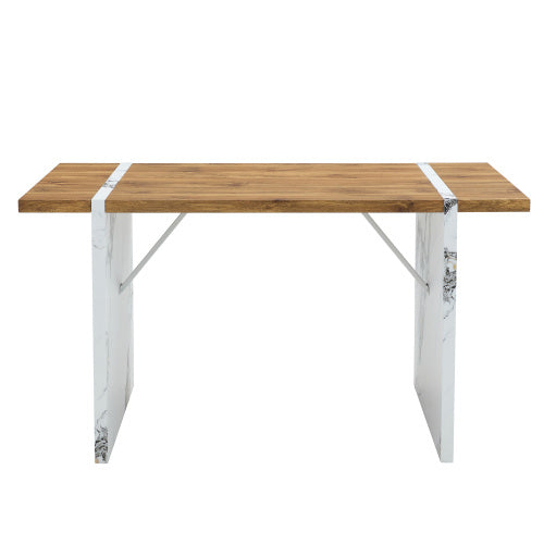 Natural Wood Grain MDF Dining Table   55x31.5 Stable Design.Suitable For Various Modern Home Decor Styles.Splicing Structure Design,Wood Textured Desktop,White Marble Patterned Table Legs