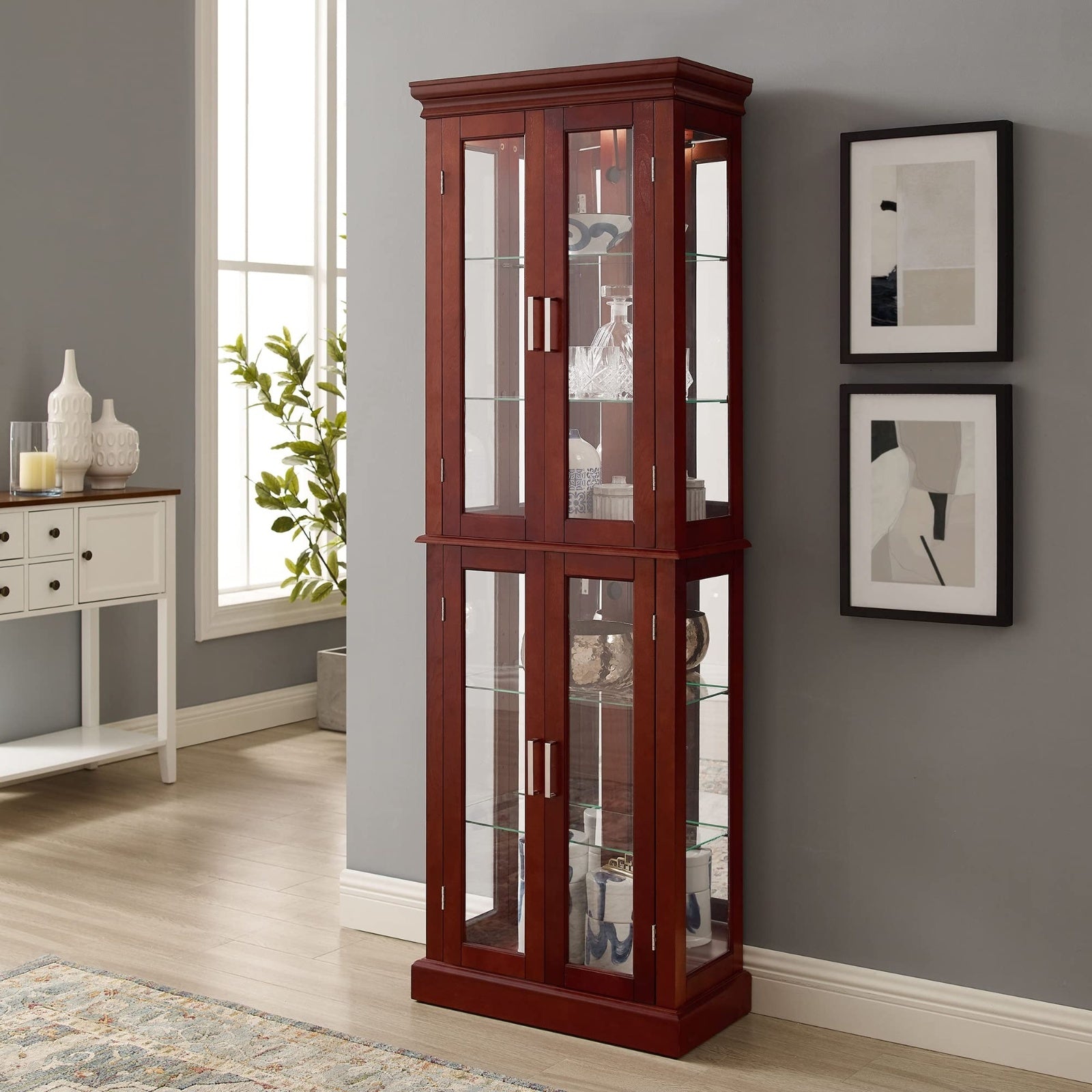 Lighted Curio Display Cabinet With Adjustable Shelves & Mirrored Back Panel