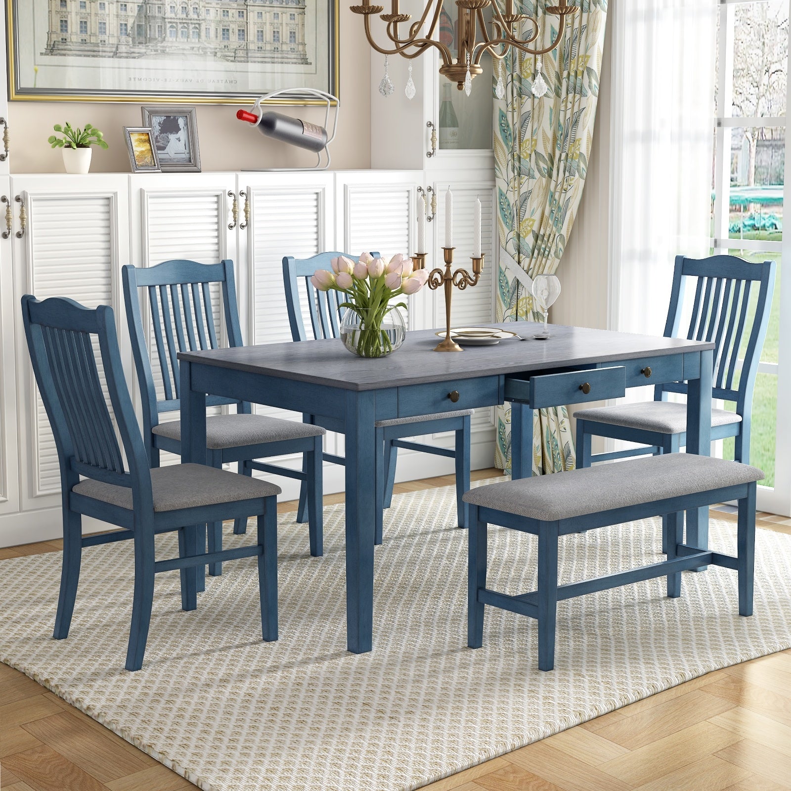 TOPMAX Mid-Century 6-Piece Dining Set With Drawer & Upholstered Chairs