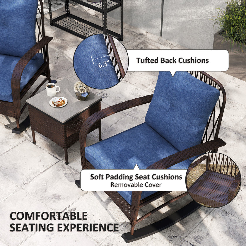 3 Piece Wicker Patio Furniture Set, Outdoor PE Rattan Rocking Chairs With Coffee Table, Cushions For Porch, Brown