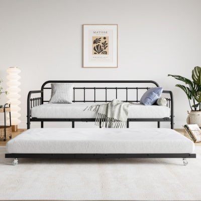 Twin Size Metal Daybed Frame With Trundle, Heavy Duty Steel Slat Support Sofa Bed Platform With Headboard, No Box Spring Needed, Black